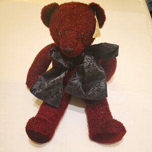 NWT Dakin Teddy Bear, Twinkle Burgandy Glitter Bear with Black Bow